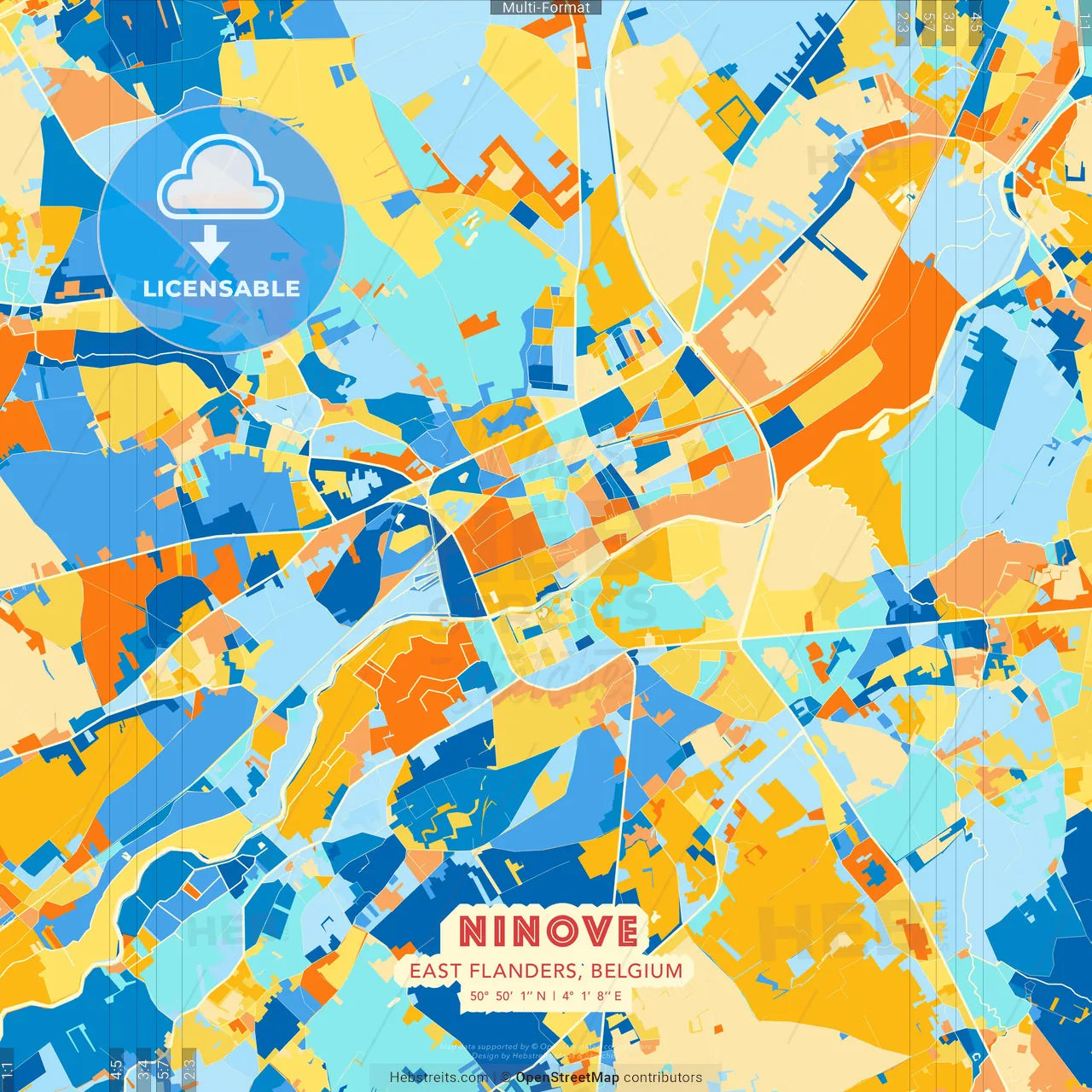 Ninove, East Flanders, Belgium blue and orange vector art map template