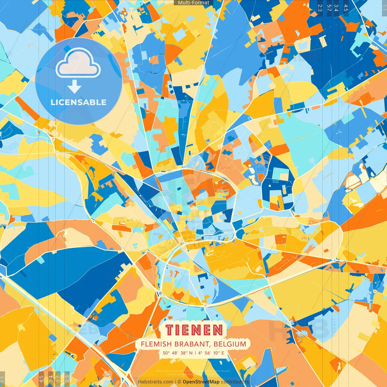 Tienen, Flemish Brabant, Belgium blue and orange vector art map template