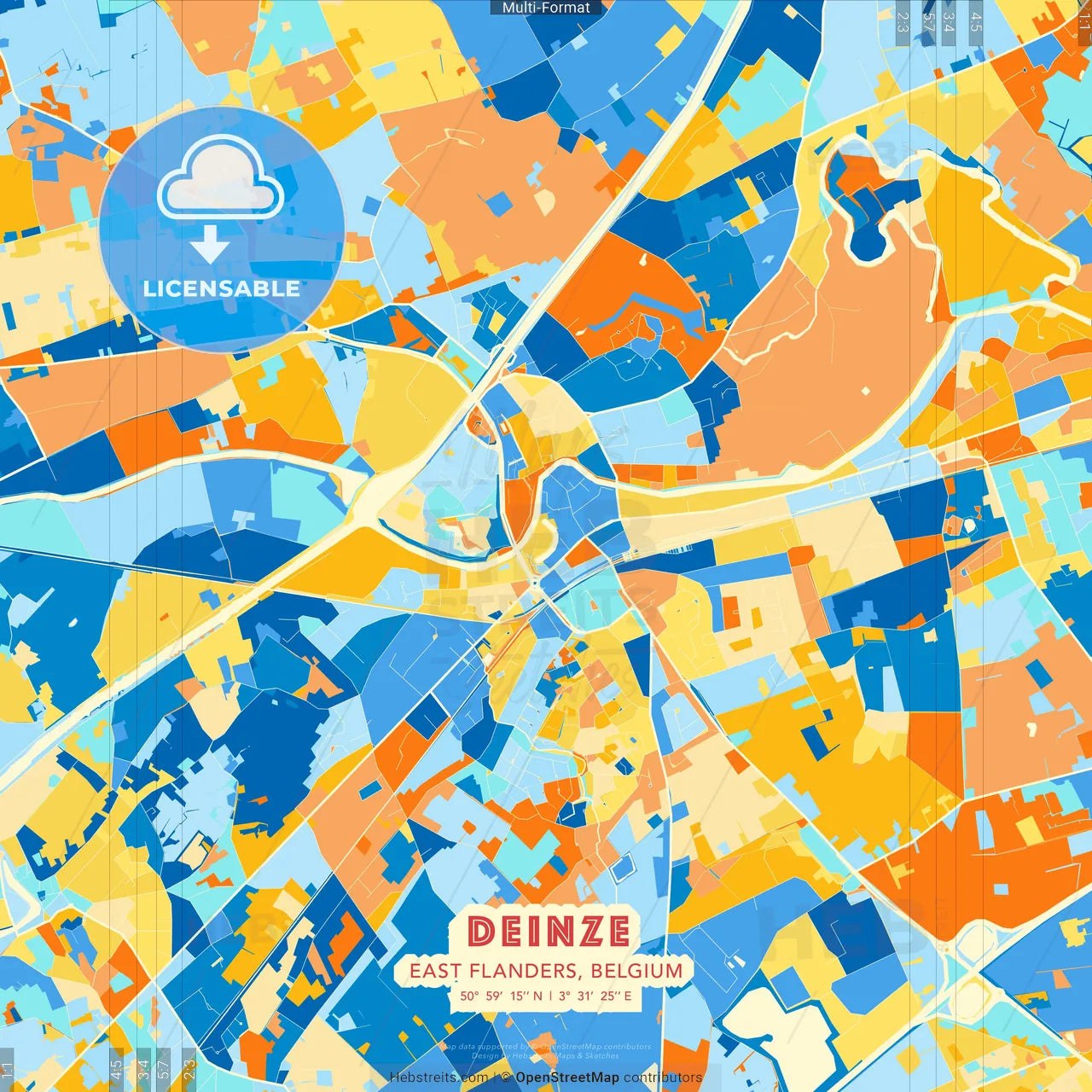 Deinze, East Flanders, Belgium blue and orange vector art map template
