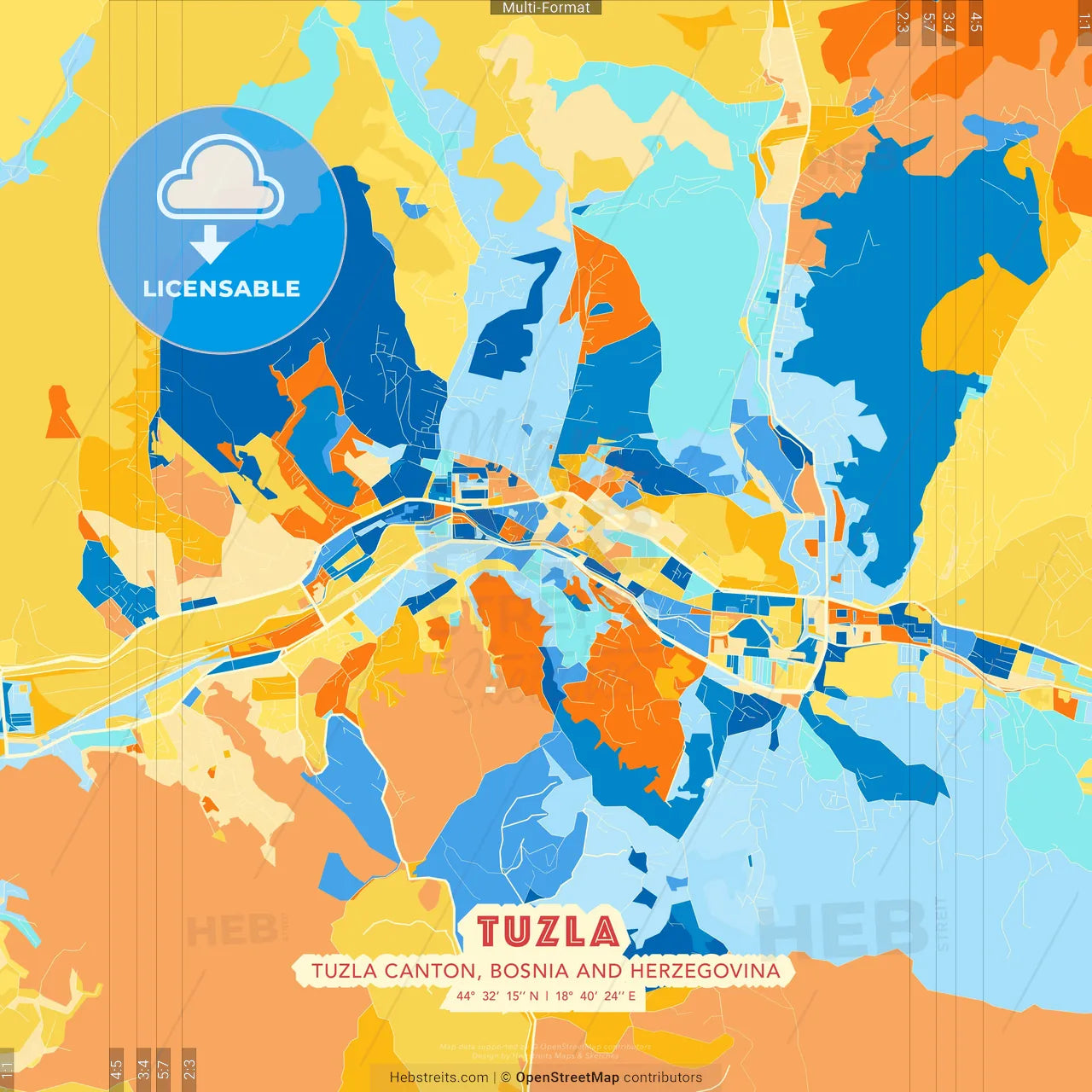 Tuzla, Tuzla Canton, Bosnia and Herzegovina blue and orange vector art map template