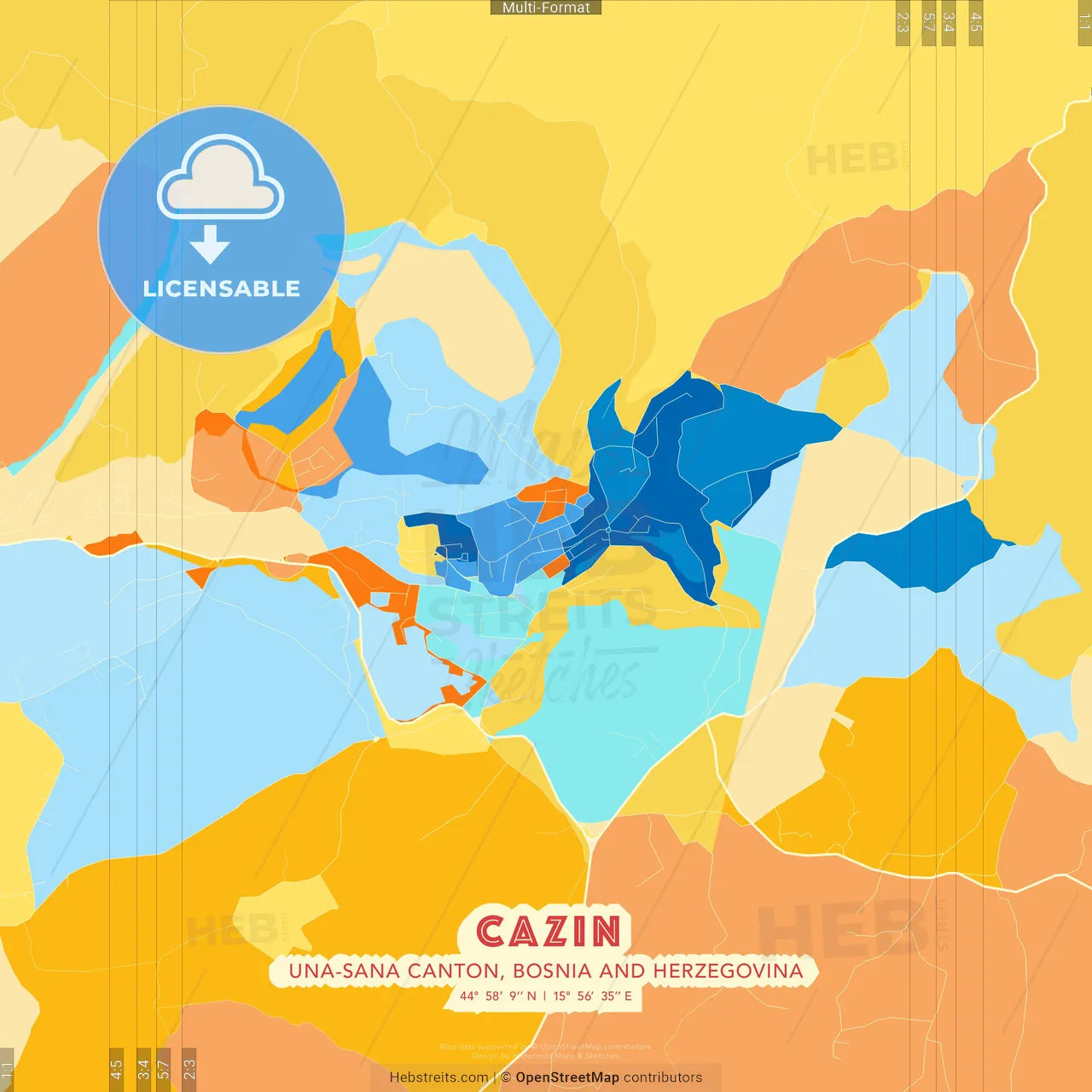 Cazin, Una-Sana Canton, Bosnia and Herzegovina blue and orange vector art map template