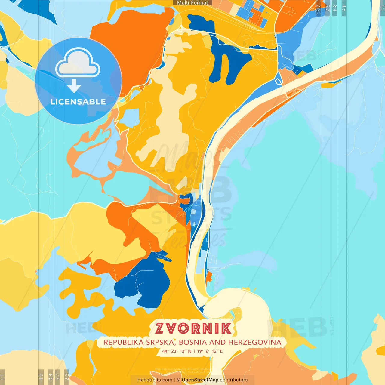 Zvornik, Republika Srpska, Bosnia and Herzegovina blue and orange vector art map template