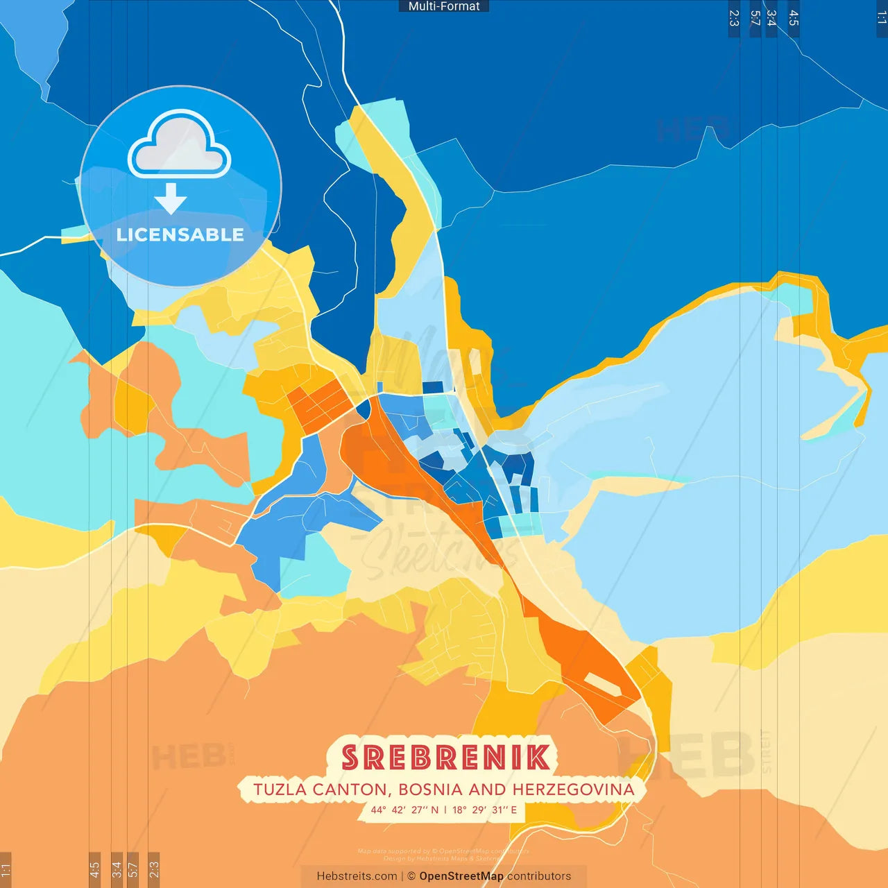 Srebrenik, Tuzla Canton, Bosnia and Herzegovina blue and orange vector art map template