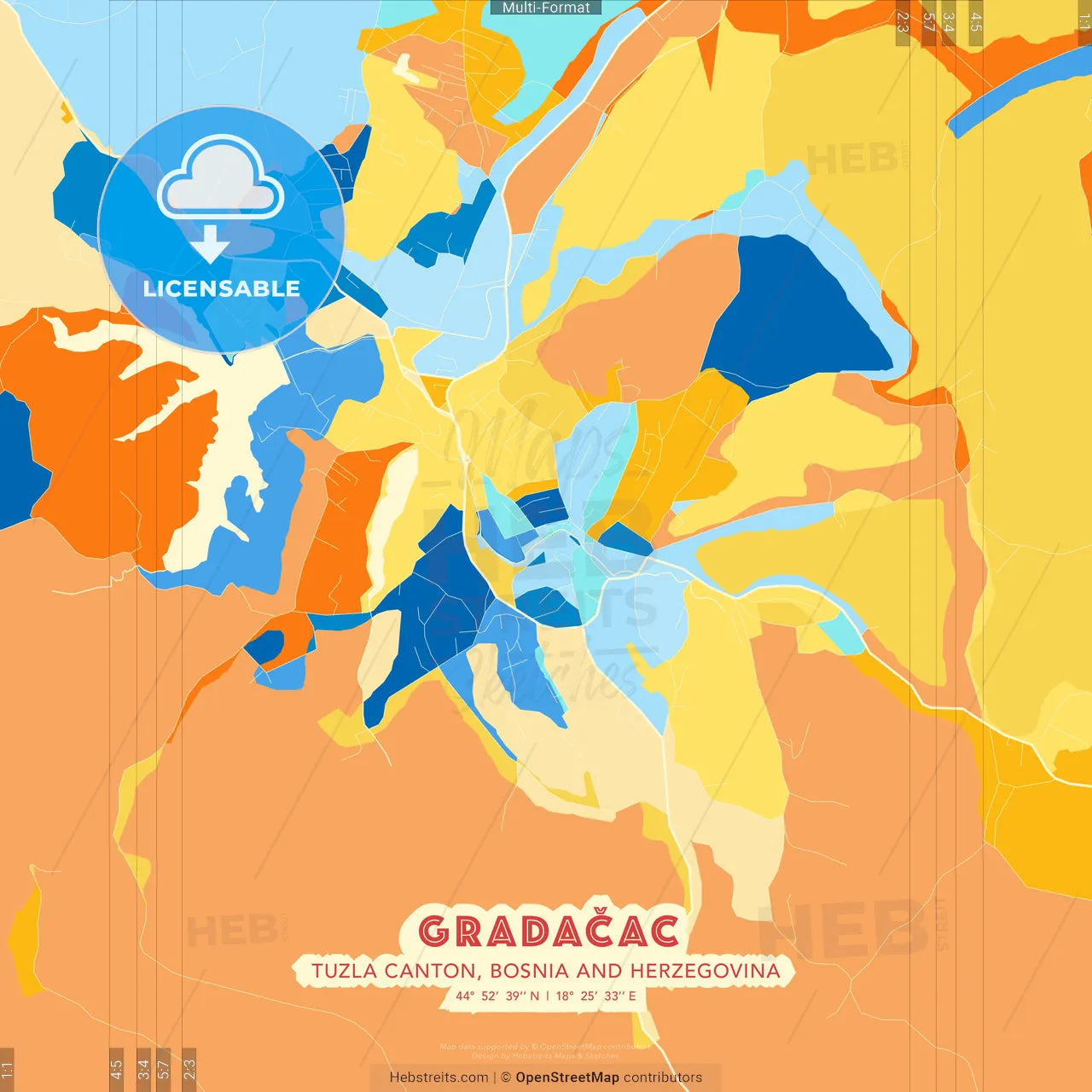Gradačac, Tuzla Canton, Bosnia and Herzegovina blue and orange vector art map template
