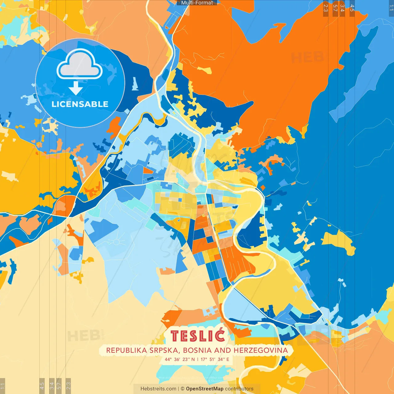 Teslić, Republika Srpska, Bosnia and Herzegovina blue and orange vector art map template