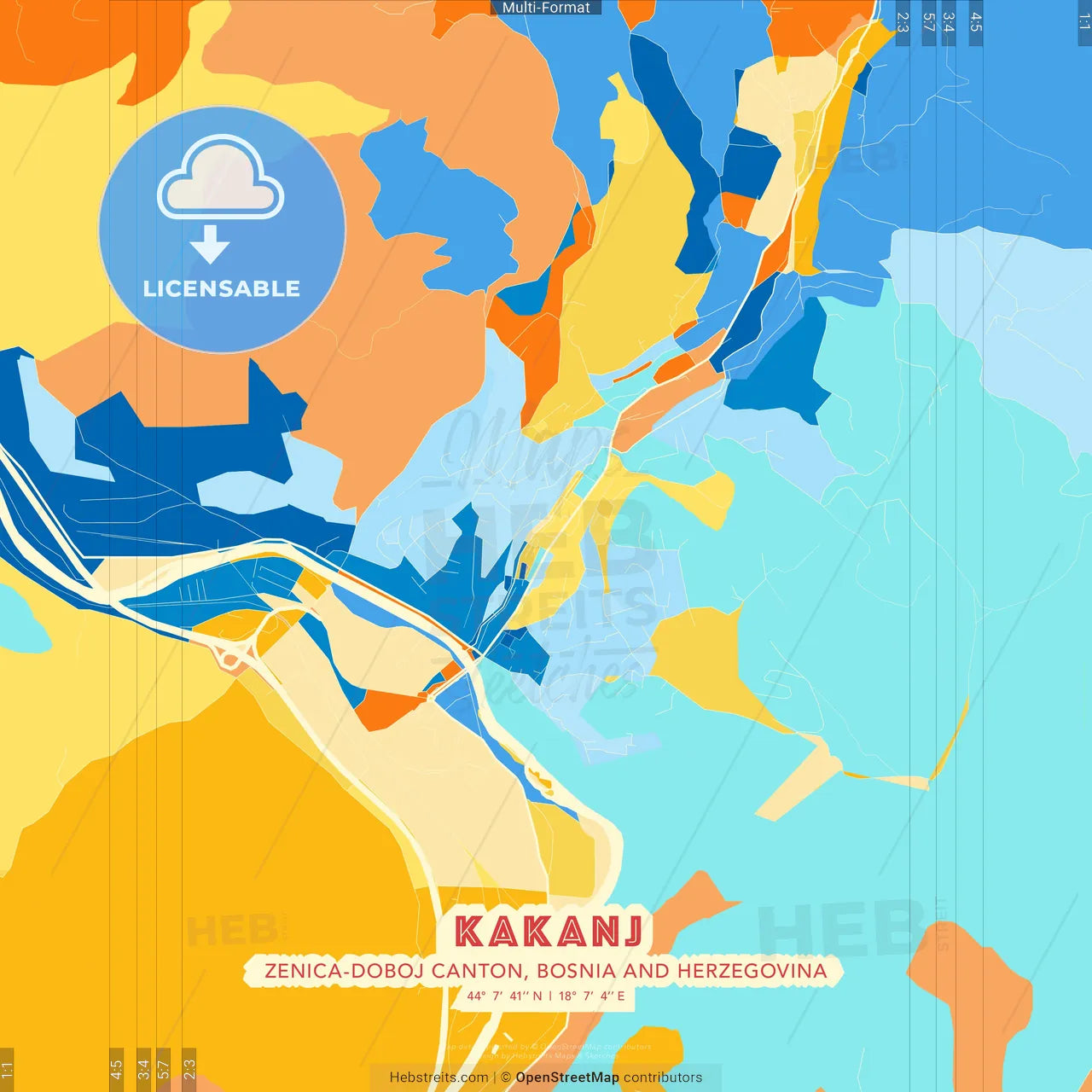 Kakanj, Zenica-Doboj Canton, Bosnia and Herzegovina blue and orange vector art map template