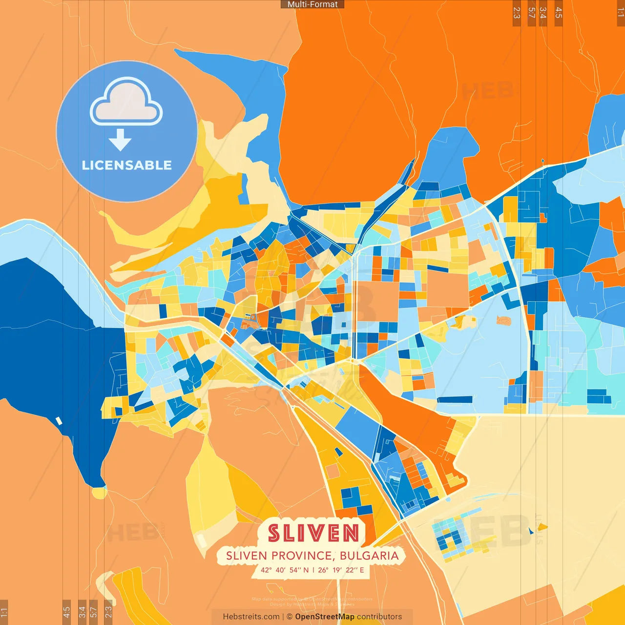 Sliven, Sliven Province, Bulgaria blue and orange vector art map template