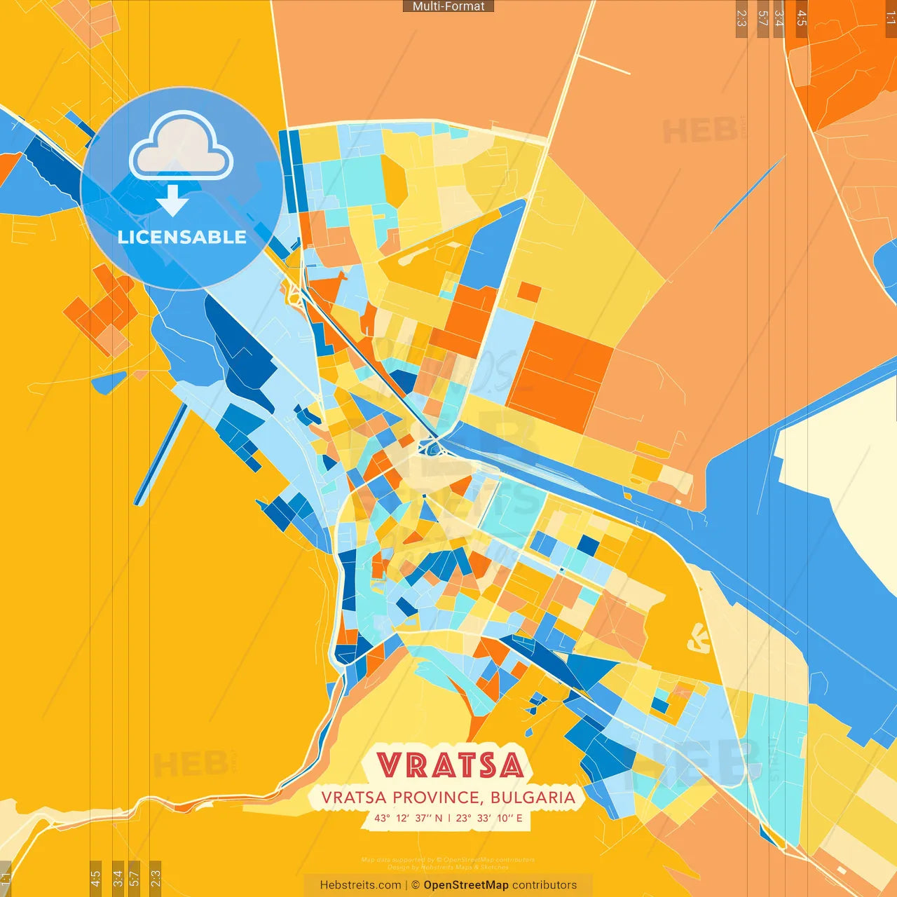 Vratsa, Vratsa Province, Bulgaria blue and orange vector art map template
