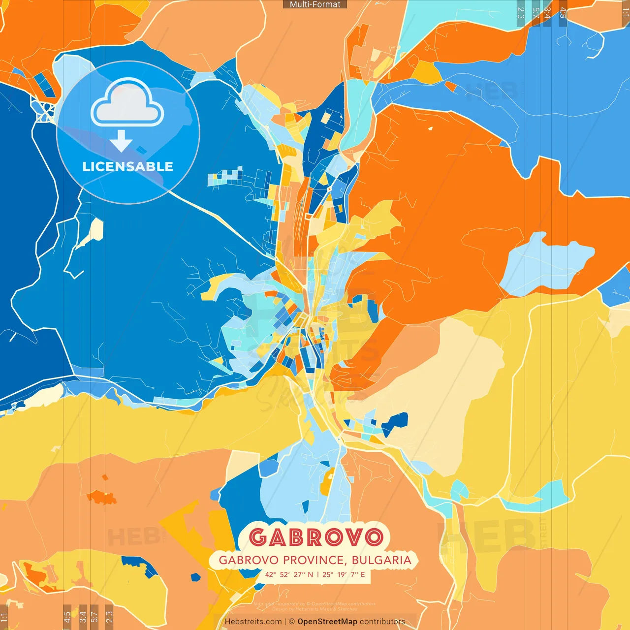 Gabrovo, Gabrovo Province, Bulgaria blue and orange vector art map template