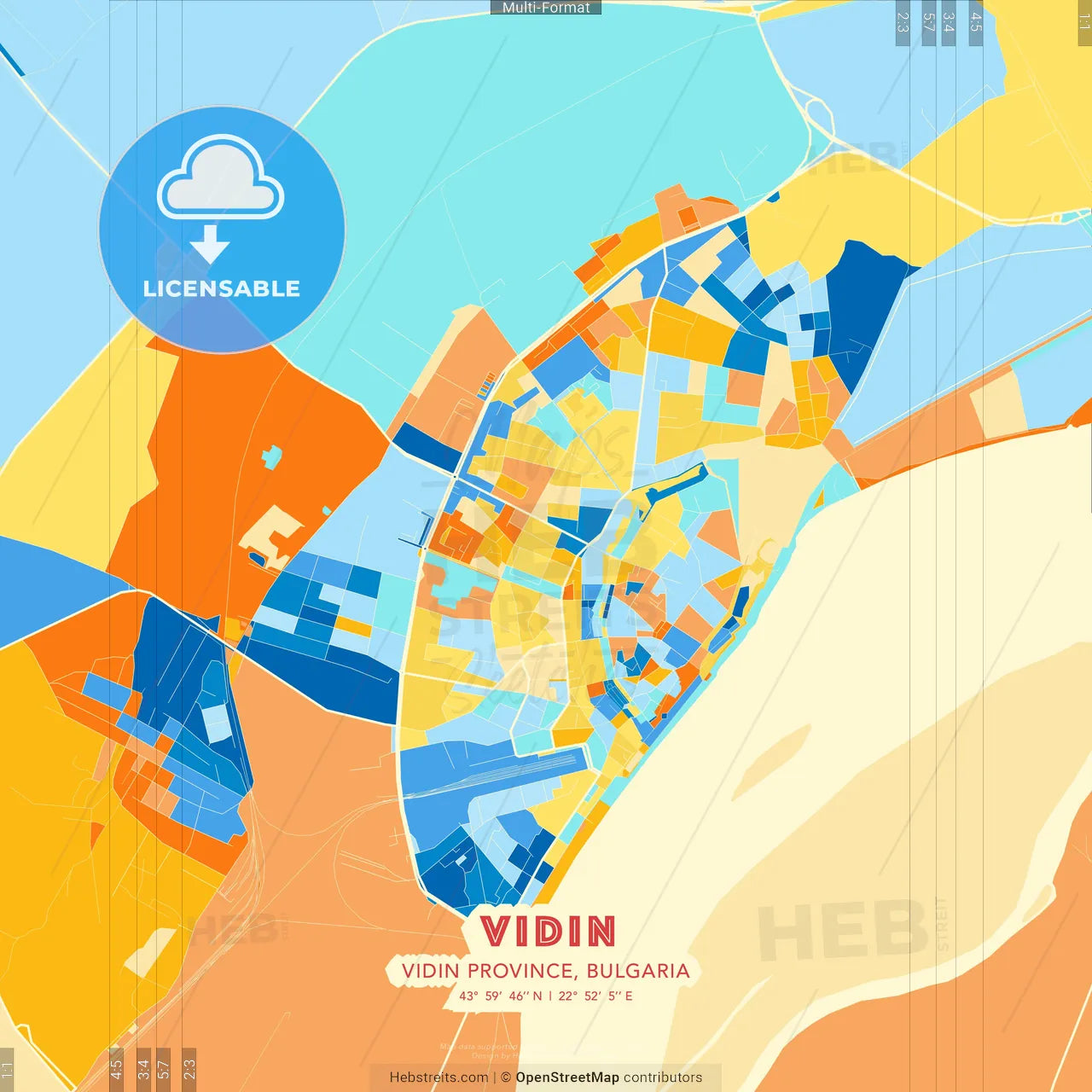 Vidin, Vidin Province, Bulgaria blue and orange vector art map template