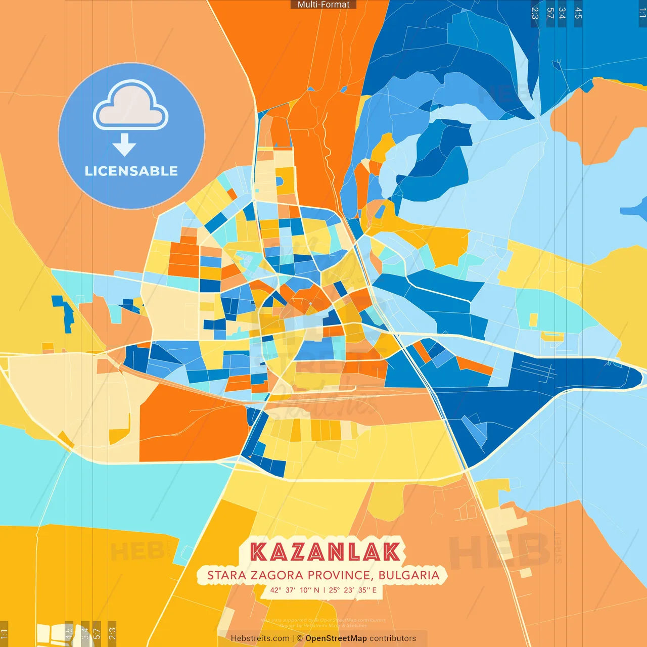 Kazanlak, Stara Zagora Province, Bulgaria blue and orange vector art map template