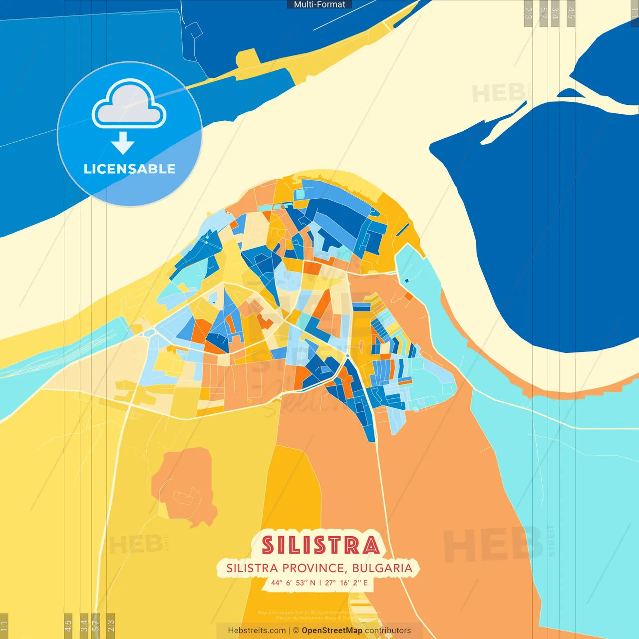Silistra, Silistra Province, Bulgaria blue and orange vector art map template