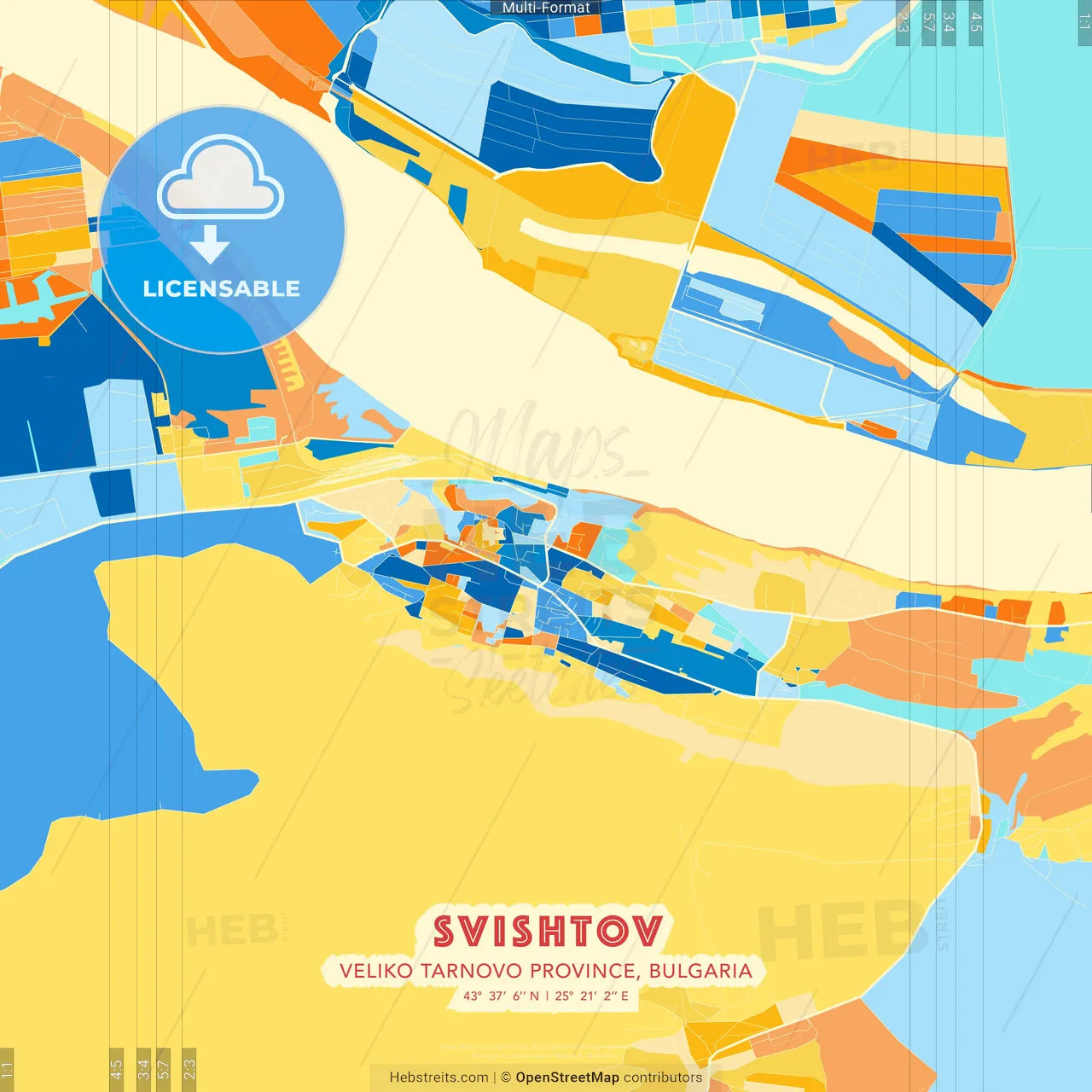 Svishtov, Veliko Tarnovo Province, Bulgaria blue and orange vector art map template