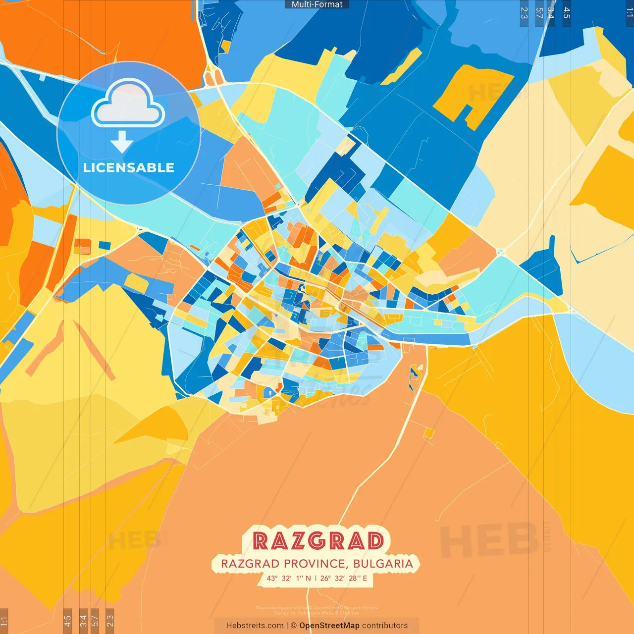 Razgrad, Razgrad Province, Bulgaria blue and orange vector art map template