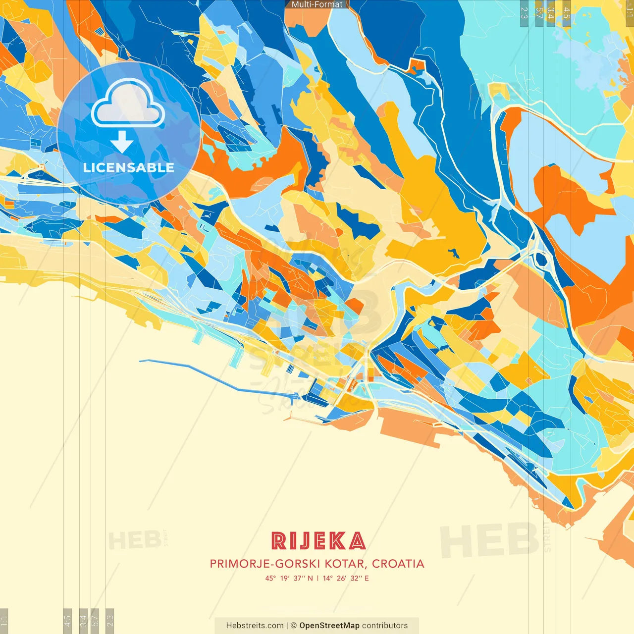 Rijeka, Primorje-Gorski Kotar, Croatia blue and orange vector art map template