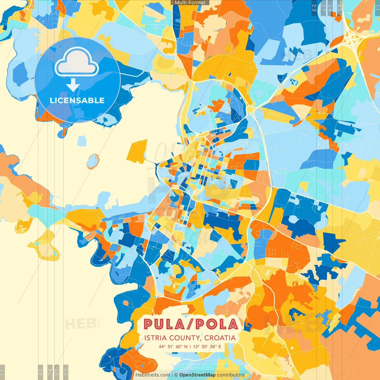 Pula/Pola, Istria County, Croatia blue and orange vector art map template