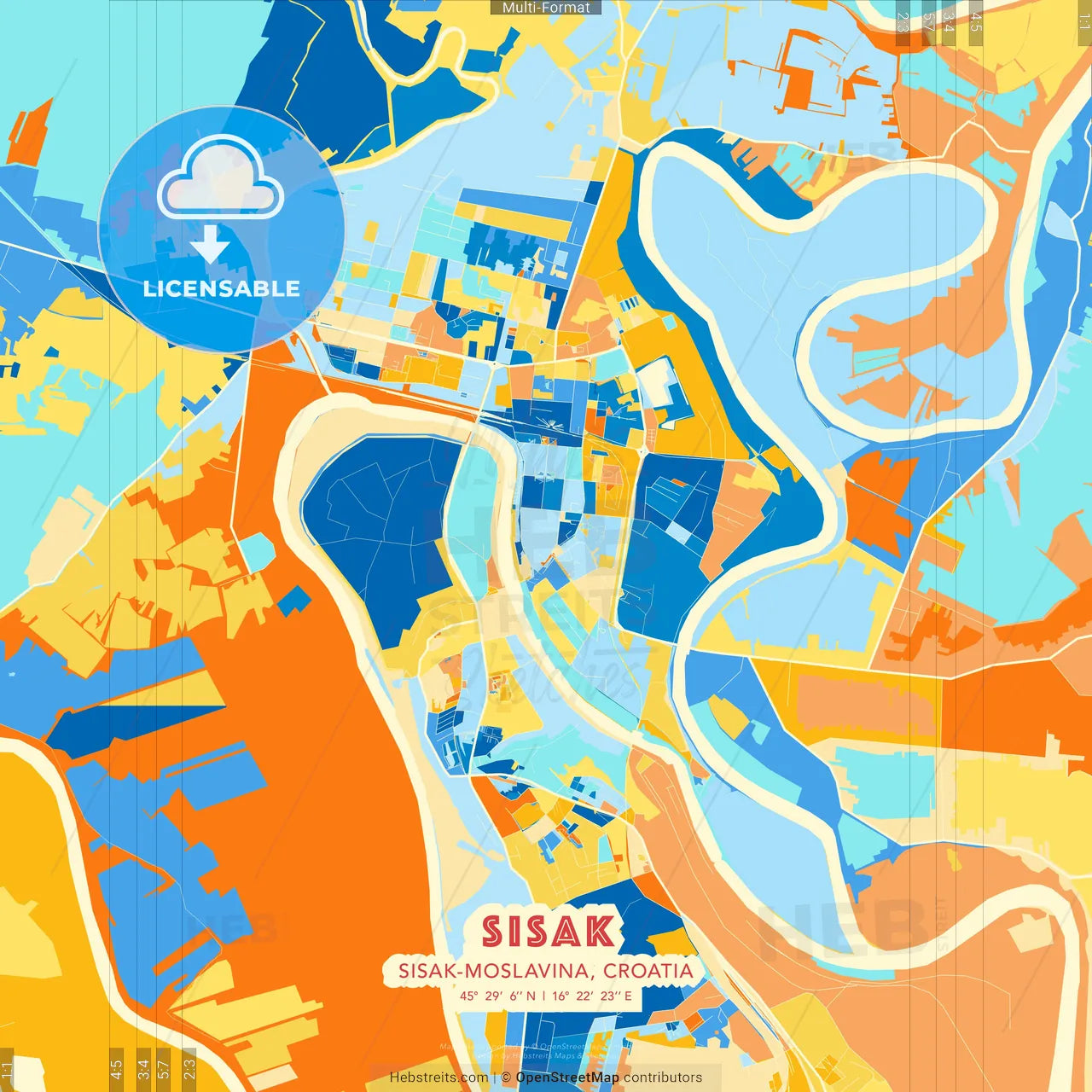 Sisak, Sisak-Moslavina, Croatia blue and orange vector art map template