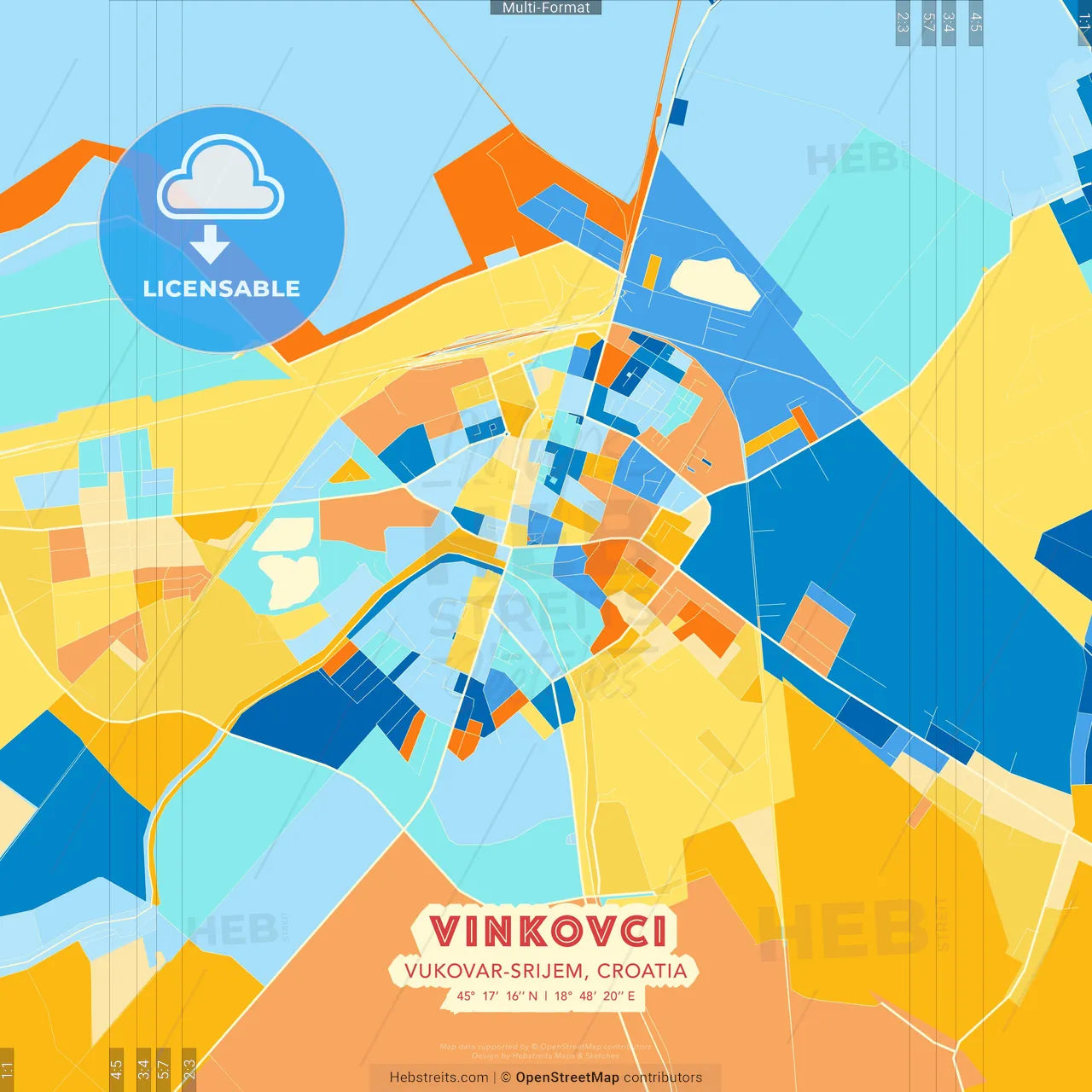 Vinkovci, Vukovar-Srijem, Croatia blue and orange vector art map template