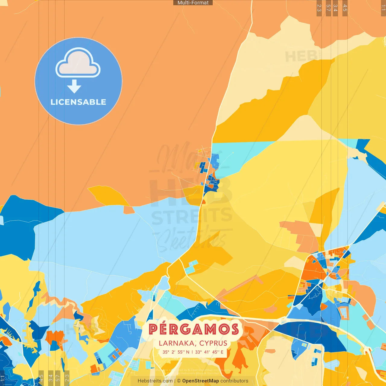 Pérgamos , Larnaka, Cyprus blue and orange vector art map template