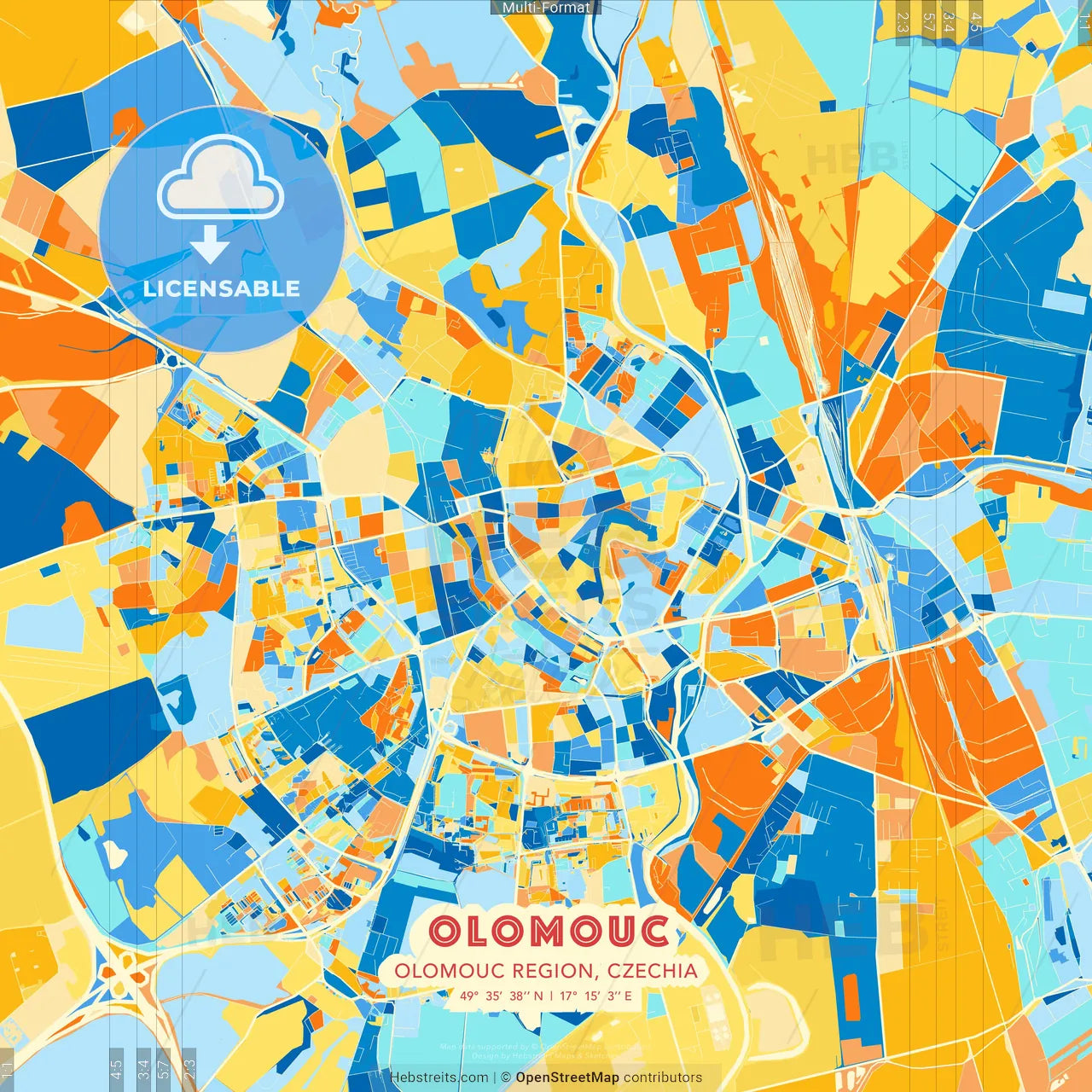 Olomouc, Olomouc Region, Czechia blue and orange vector art map template