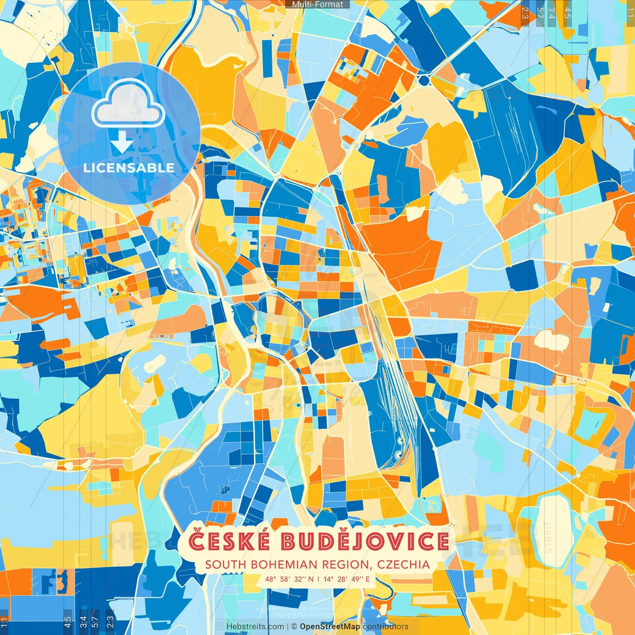 České Budějovice, South Bohemian Region, Czechia blue and orange vector art map template