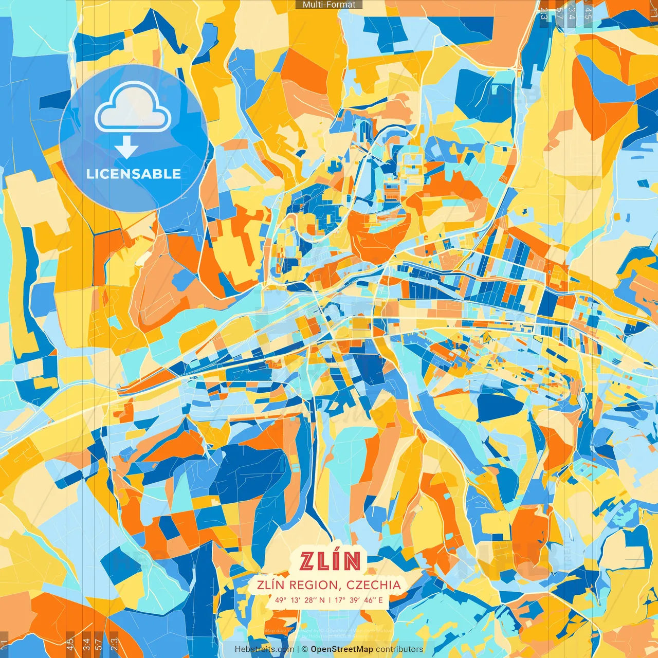 Zlín, Zlín Region, Czechia blue and orange vector art map template