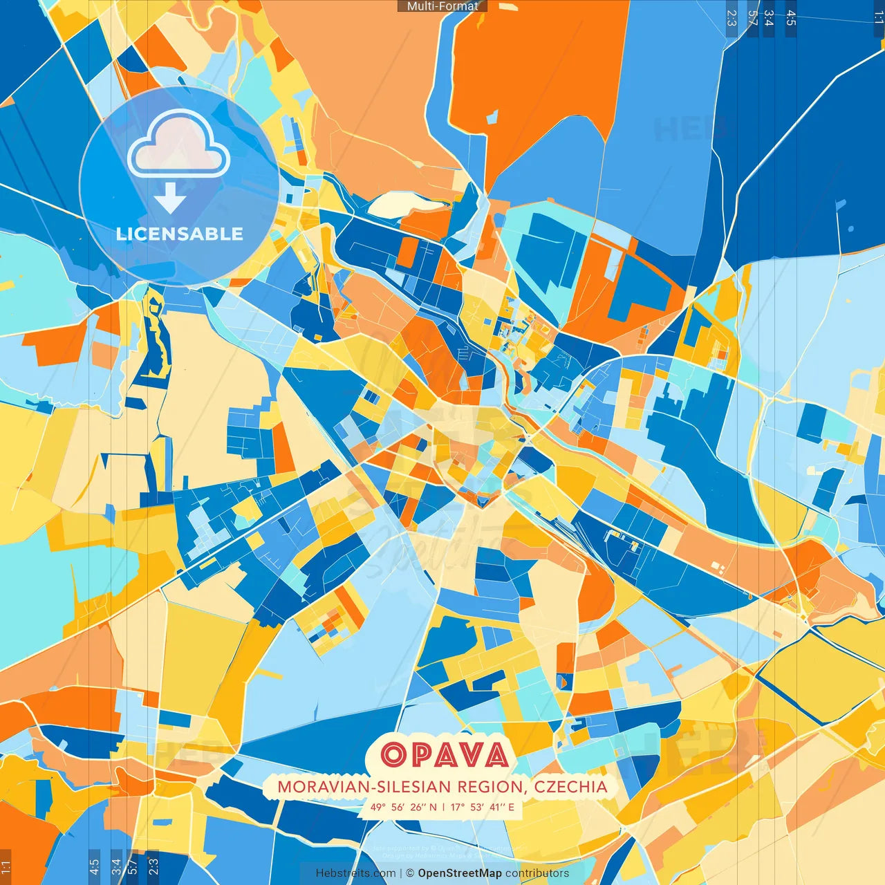 Opava, Moravian-Silesian Region, Czechia blue and orange vector art map template