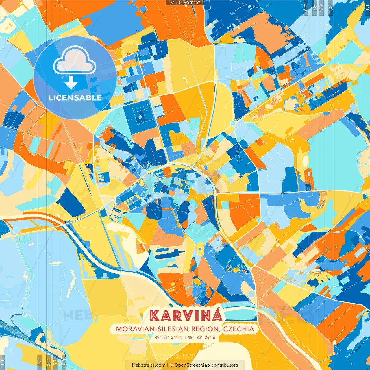 Karviná, Moravian-Silesian Region, Czechia blue and orange vector art map template