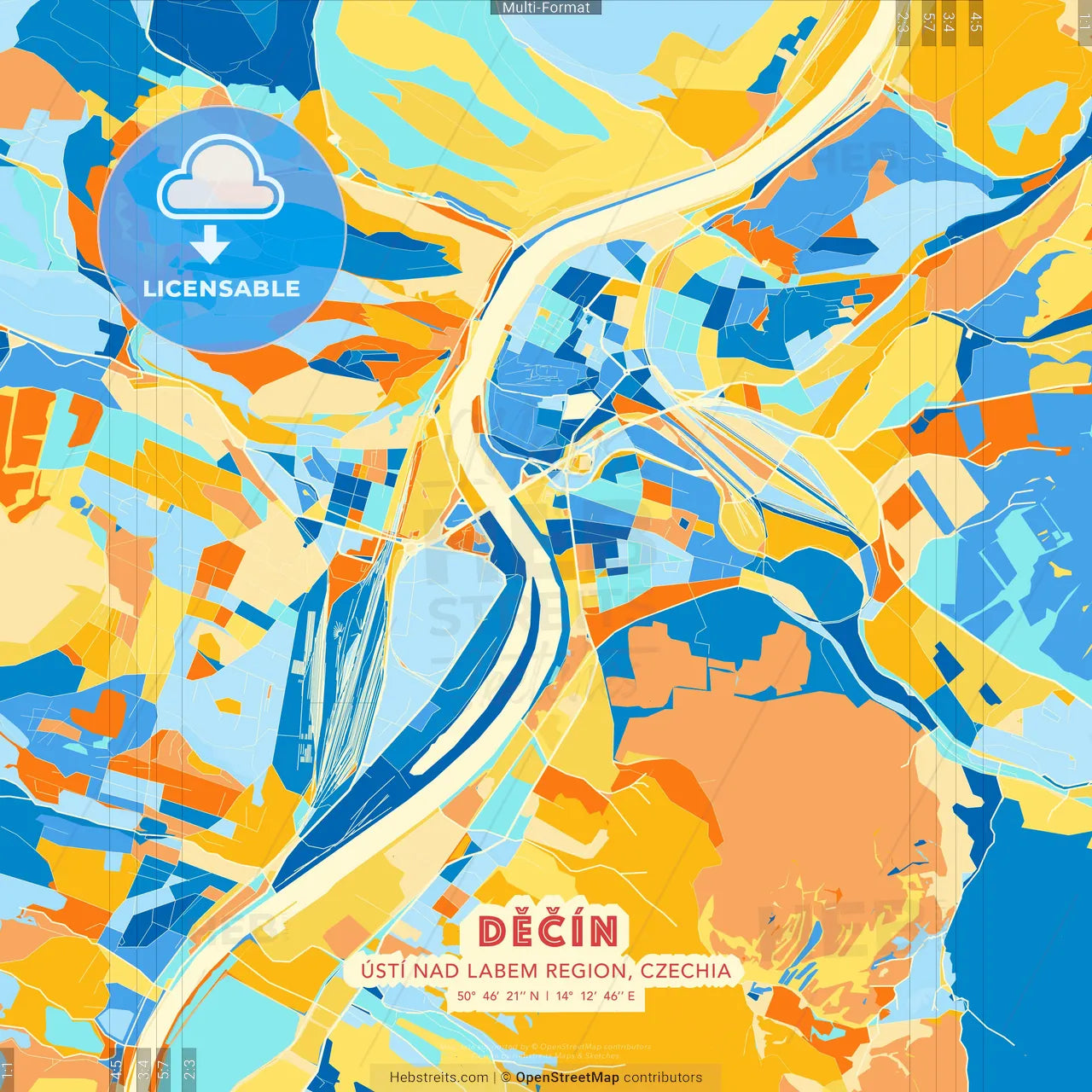 Děčín, Ústí nad Labem Region, Czechia blue and orange vector art map template