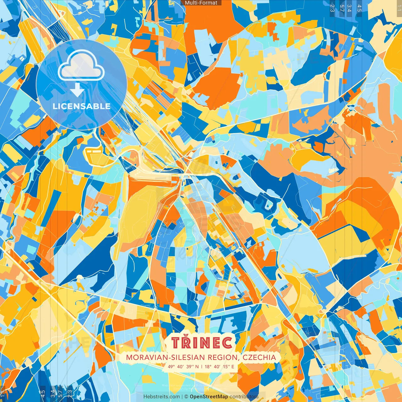 Třinec, Moravian-Silesian Region, Czechia blue and orange vector art map template