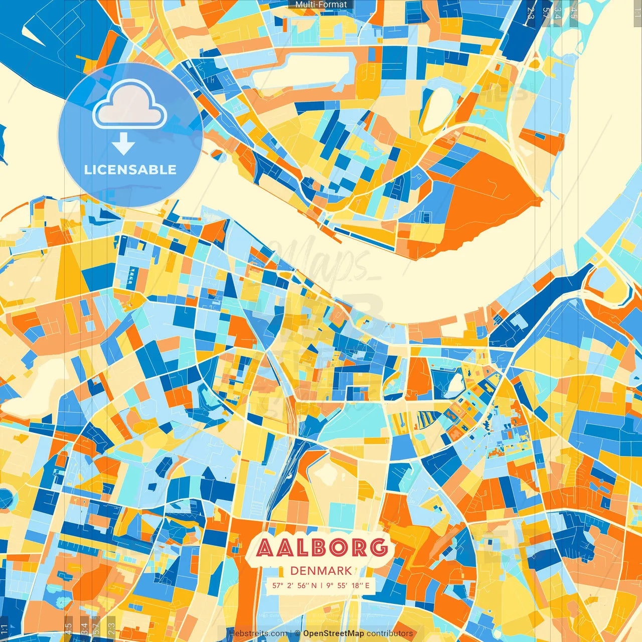 Aalborg, Denmark blue and orange vector art map template