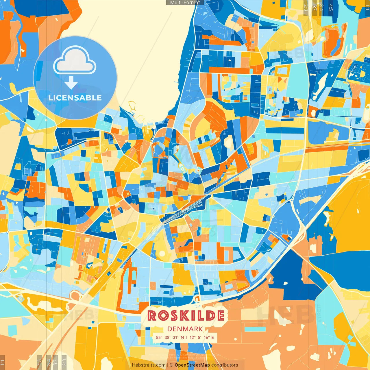Roskilde, Denmark blue and orange vector art map template