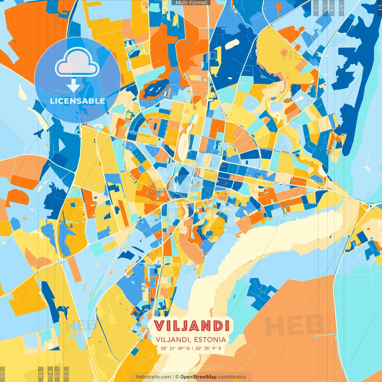 Viljandi, Viljandi, Estonia blue and orange vector art map template