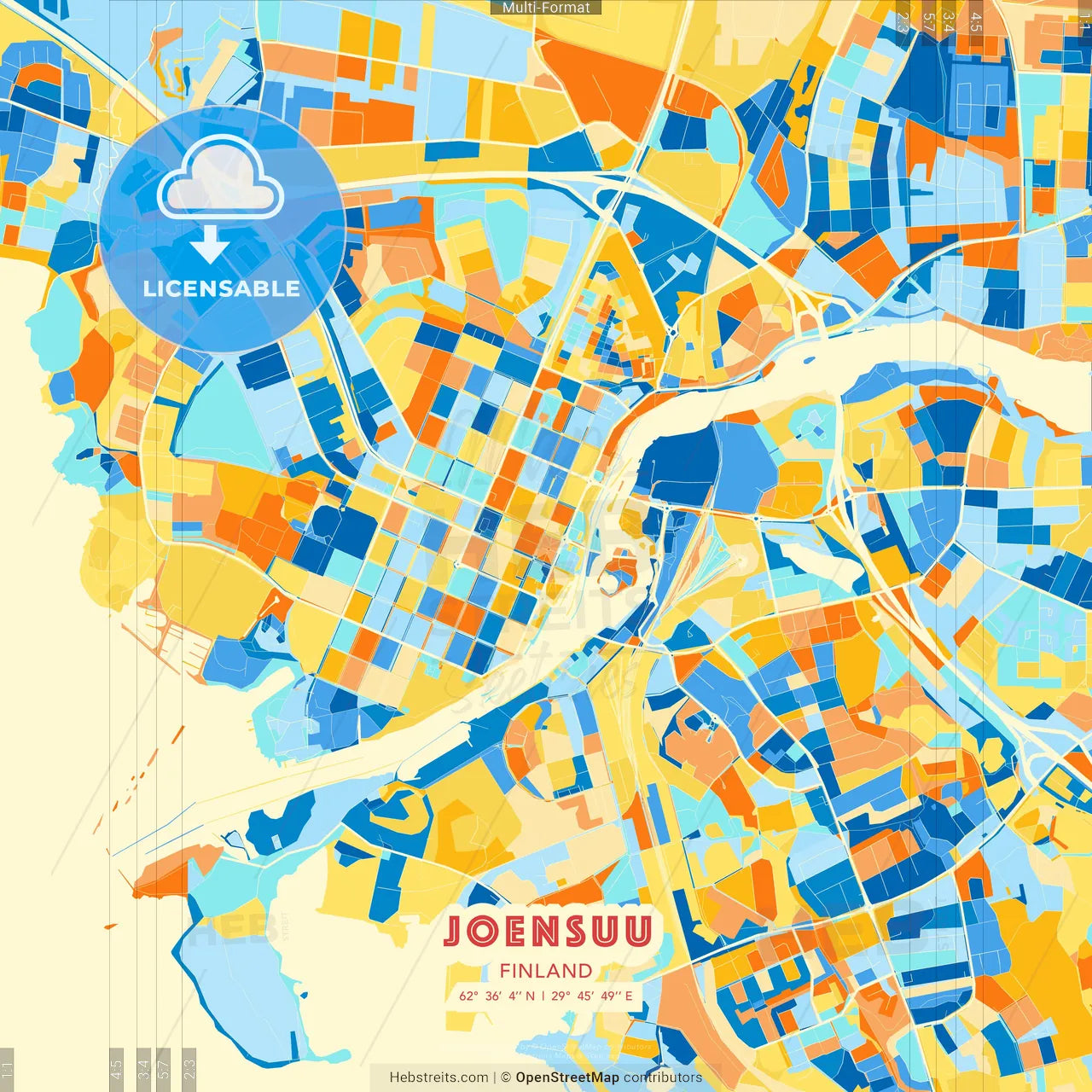 Joensuu, Finland blue and orange vector art map template