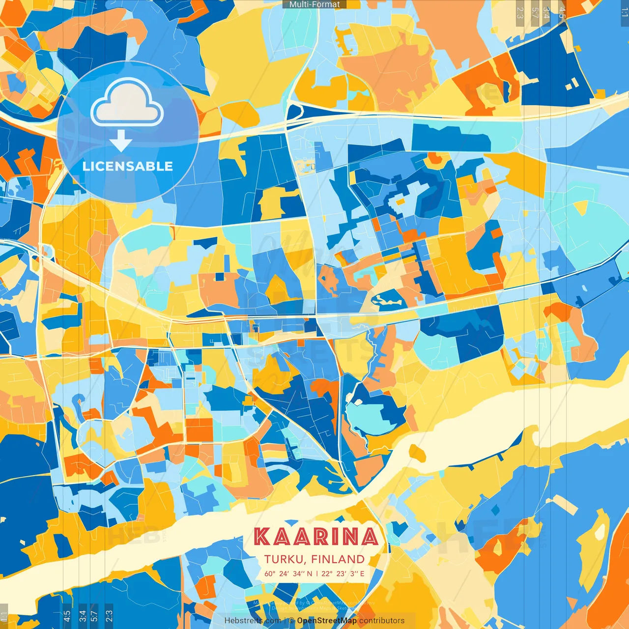 Kaarina, Turku, Finland blue and orange vector art map template