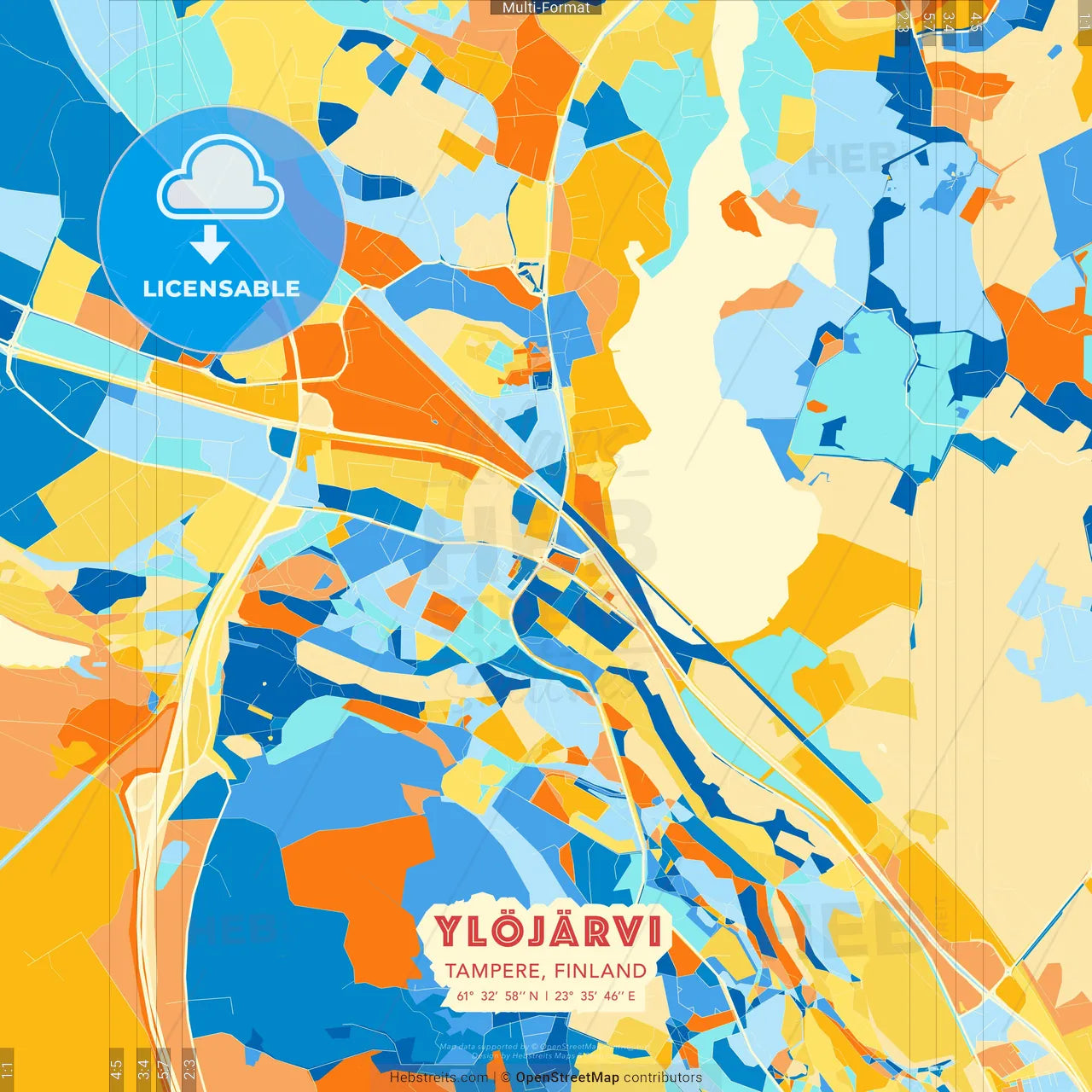Ylöjärvi, Tampere, Finland blue and orange vector art map template