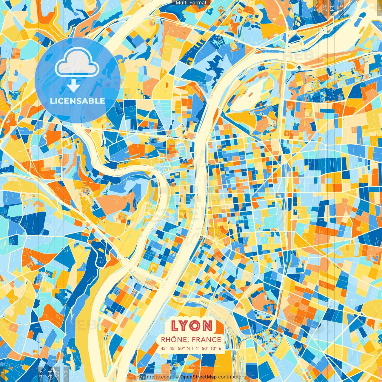 Lyon, Rhône, France blue and orange vector art map template