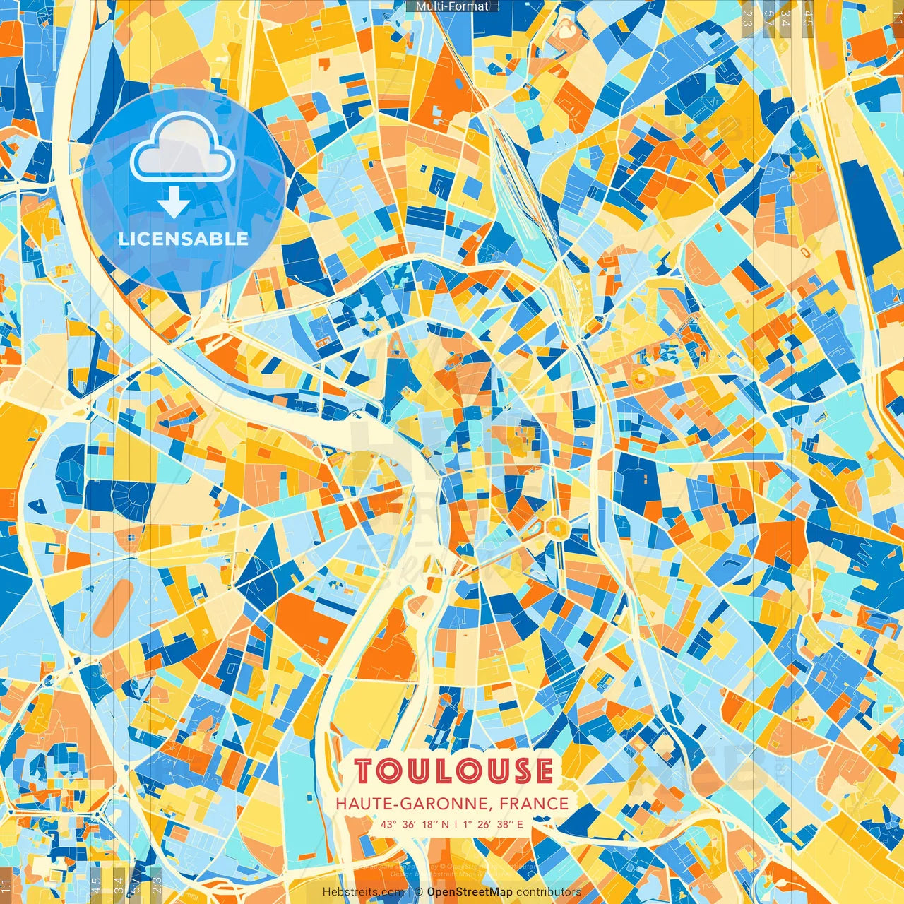 Toulouse, Haute-Garonne, France blue and orange vector art map template