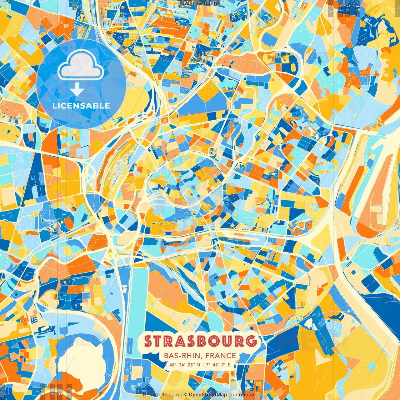 Strasbourg, Bas-Rhin, France blue and orange vector art map template