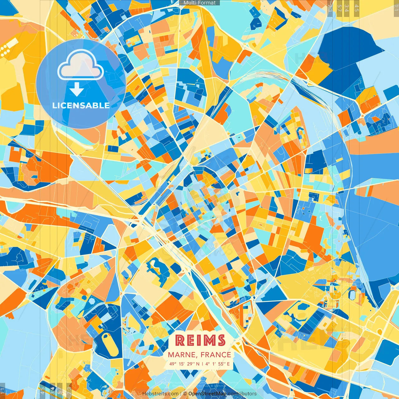 Reims, Marne, France blue and orange vector art map template