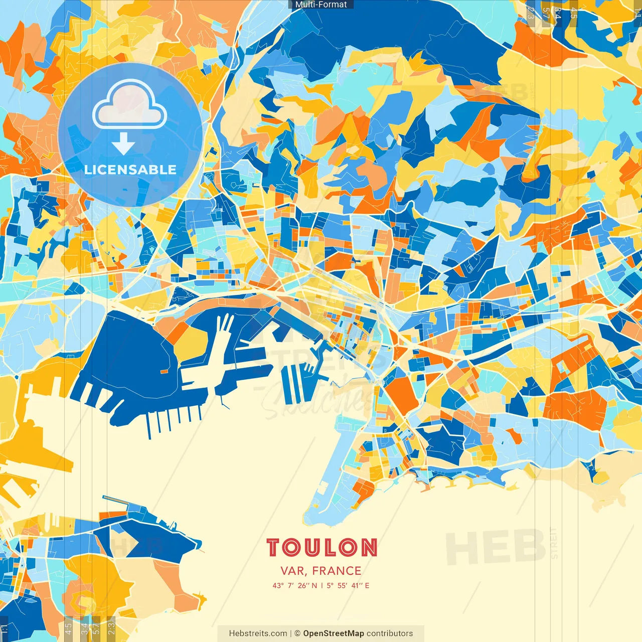 Toulon, Var, France blue and orange vector art map template