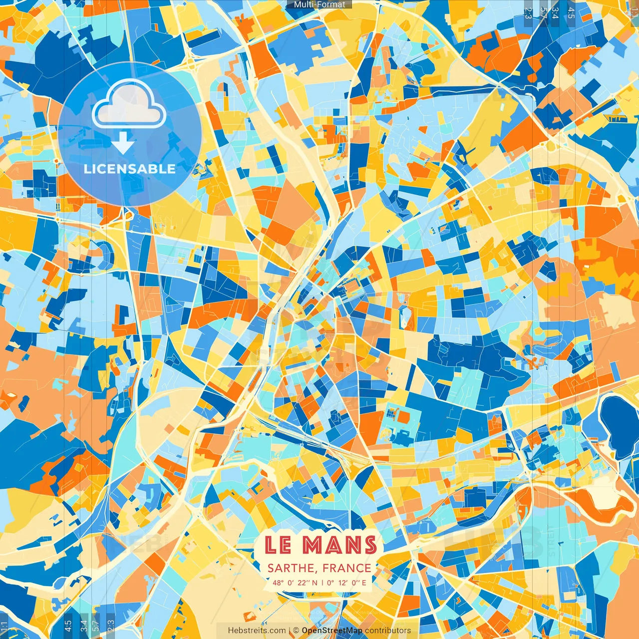 Le Mans, Sarthe, France blue and orange vector art map template