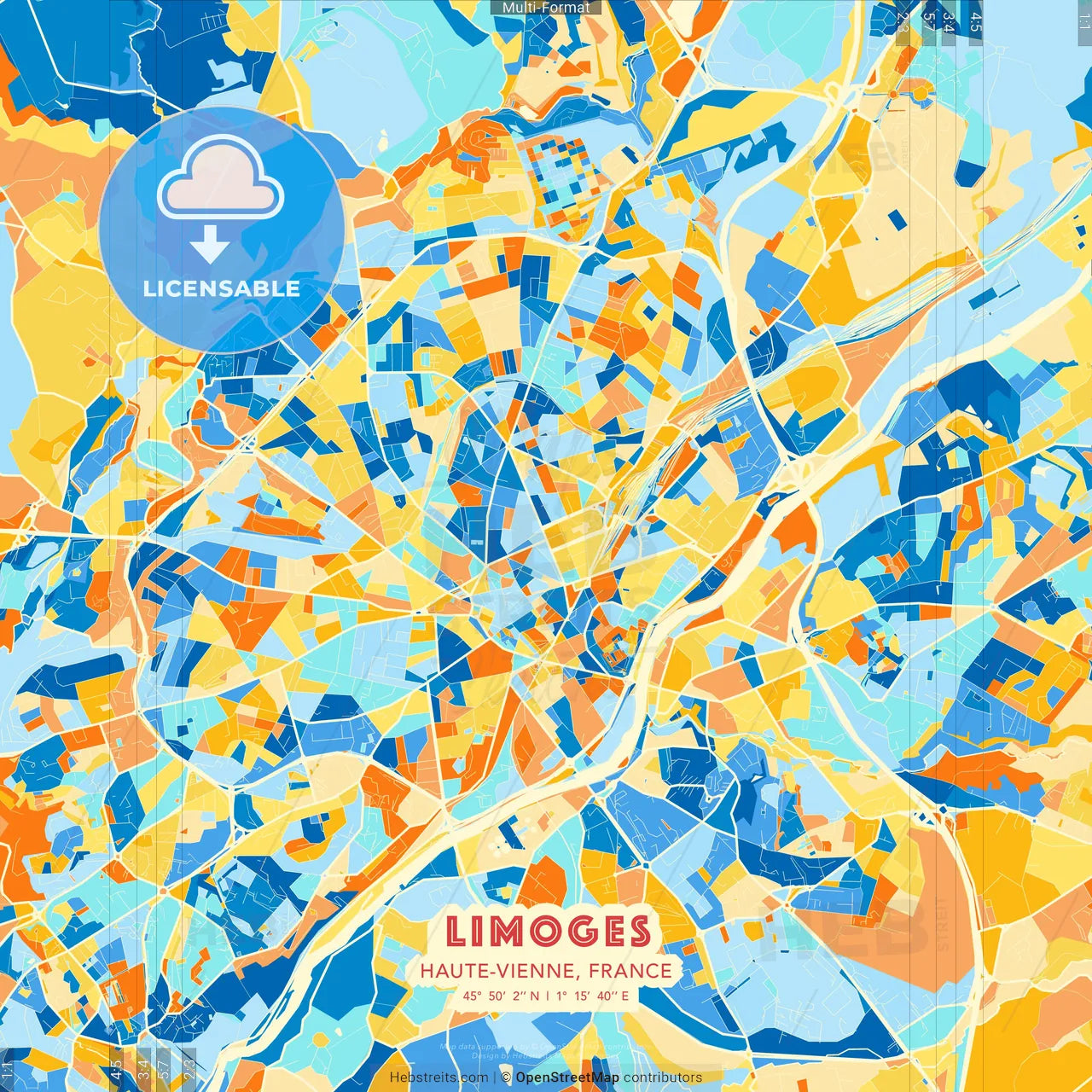 Limoges, Haute-Vienne, France blue and orange vector art map template
