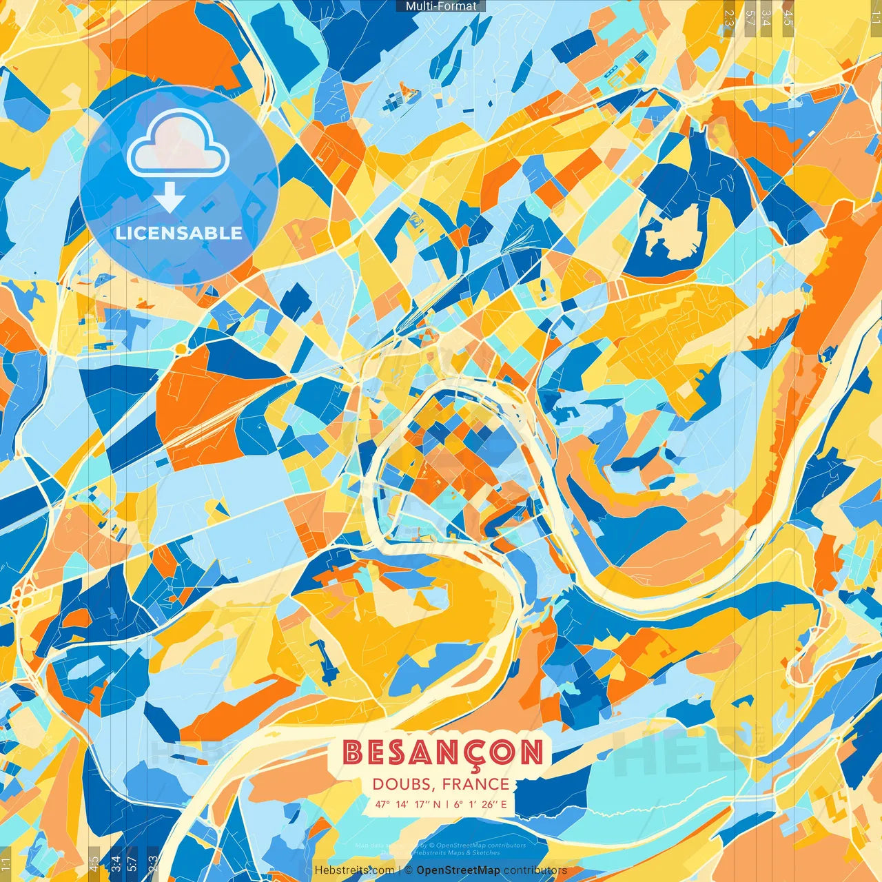 Besançon, Doubs, France blue and orange vector art map template