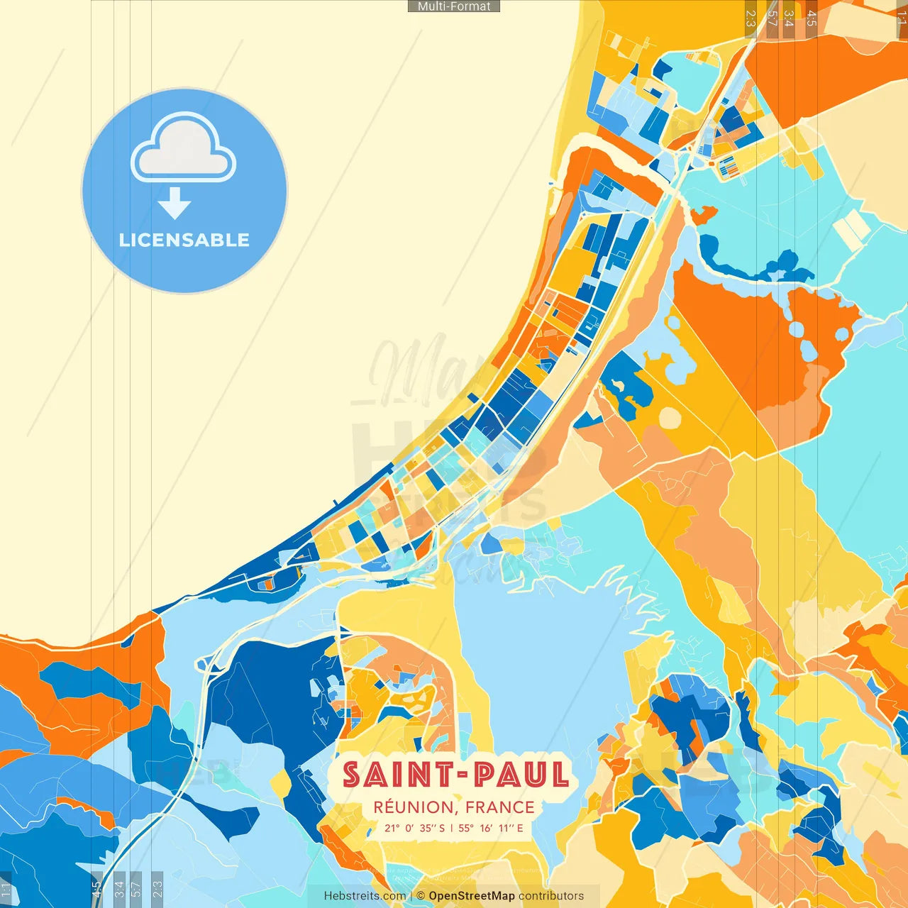 Saint-Paul, Réunion, France blue and orange vector art map template