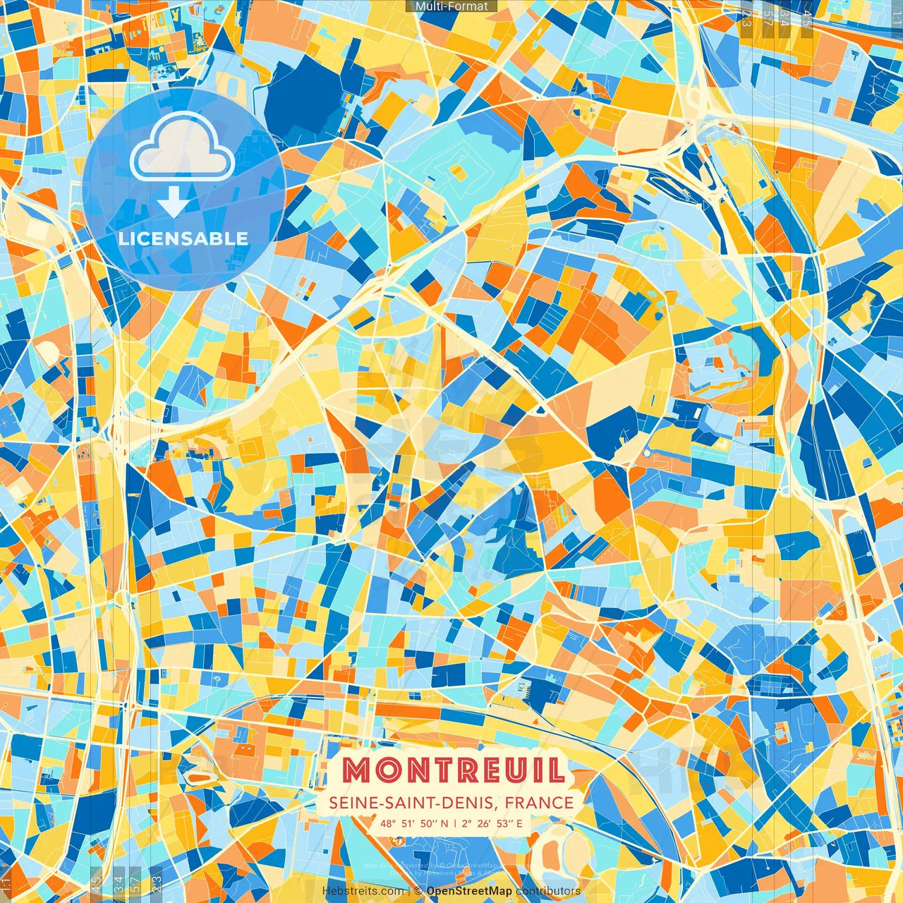 Montreuil, Seine-Saint-Denis, France blue and orange vector art map template