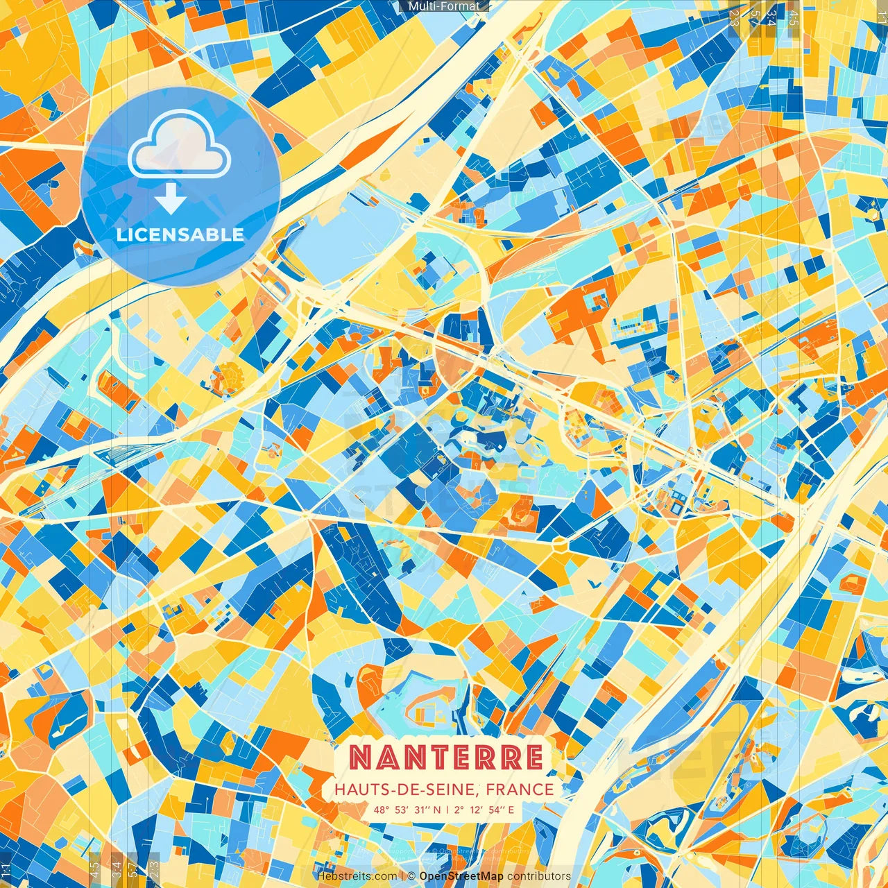 Nanterre, Hauts-de-Seine, France blue and orange vector art map template