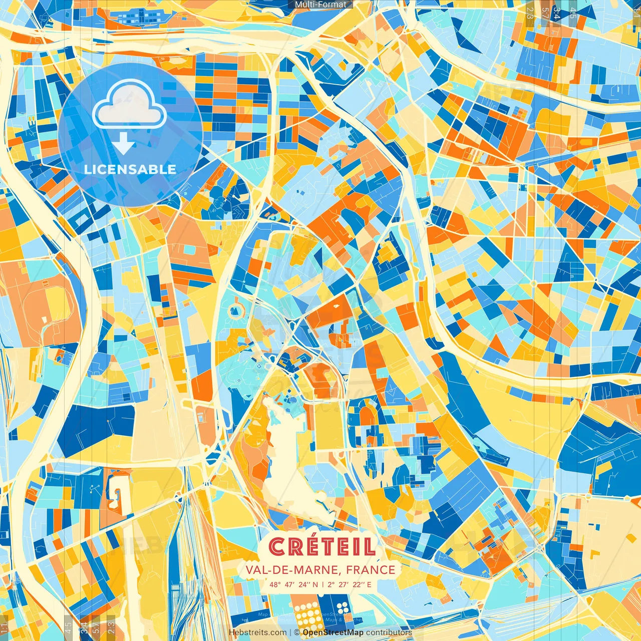 Créteil, Val-de-Marne, France blue and orange vector art map template