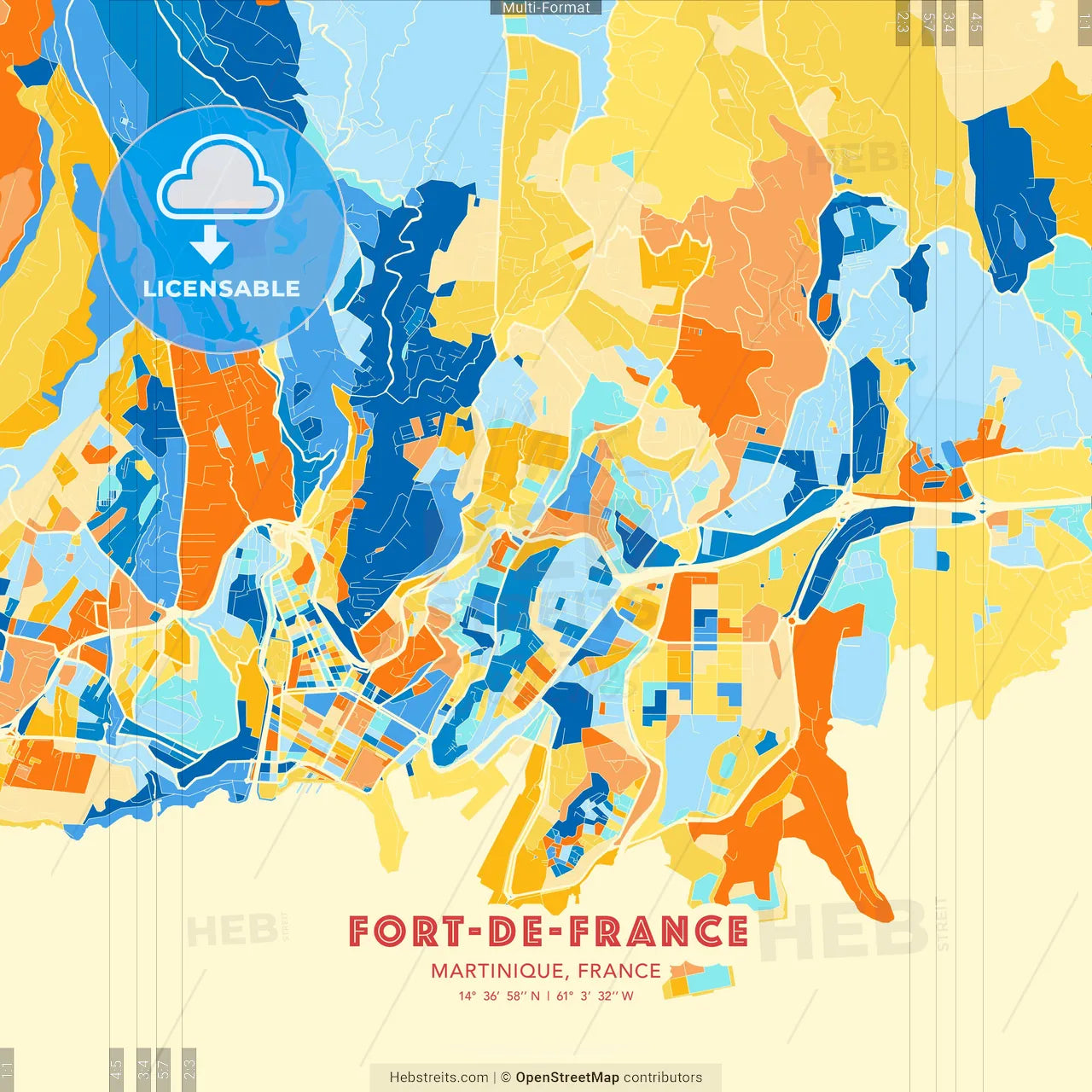 Fort-de-France, Martinique, France blue and orange vector art map template