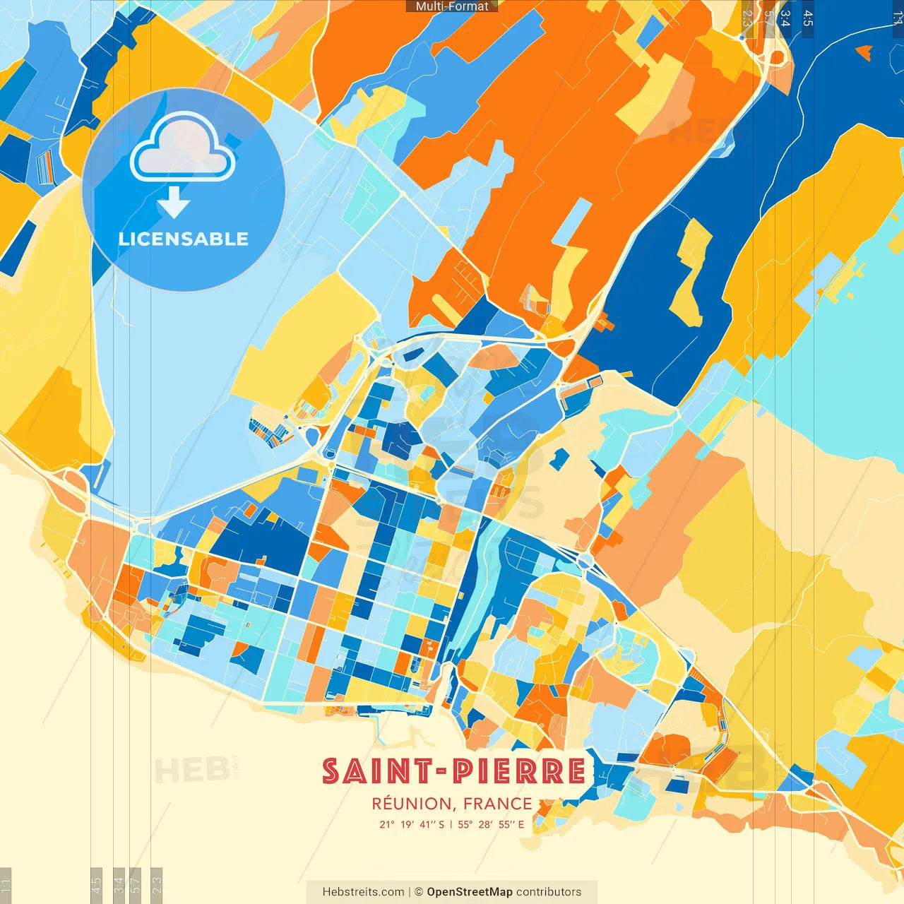 Saint-Pierre, Réunion, France blue and orange vector art map template